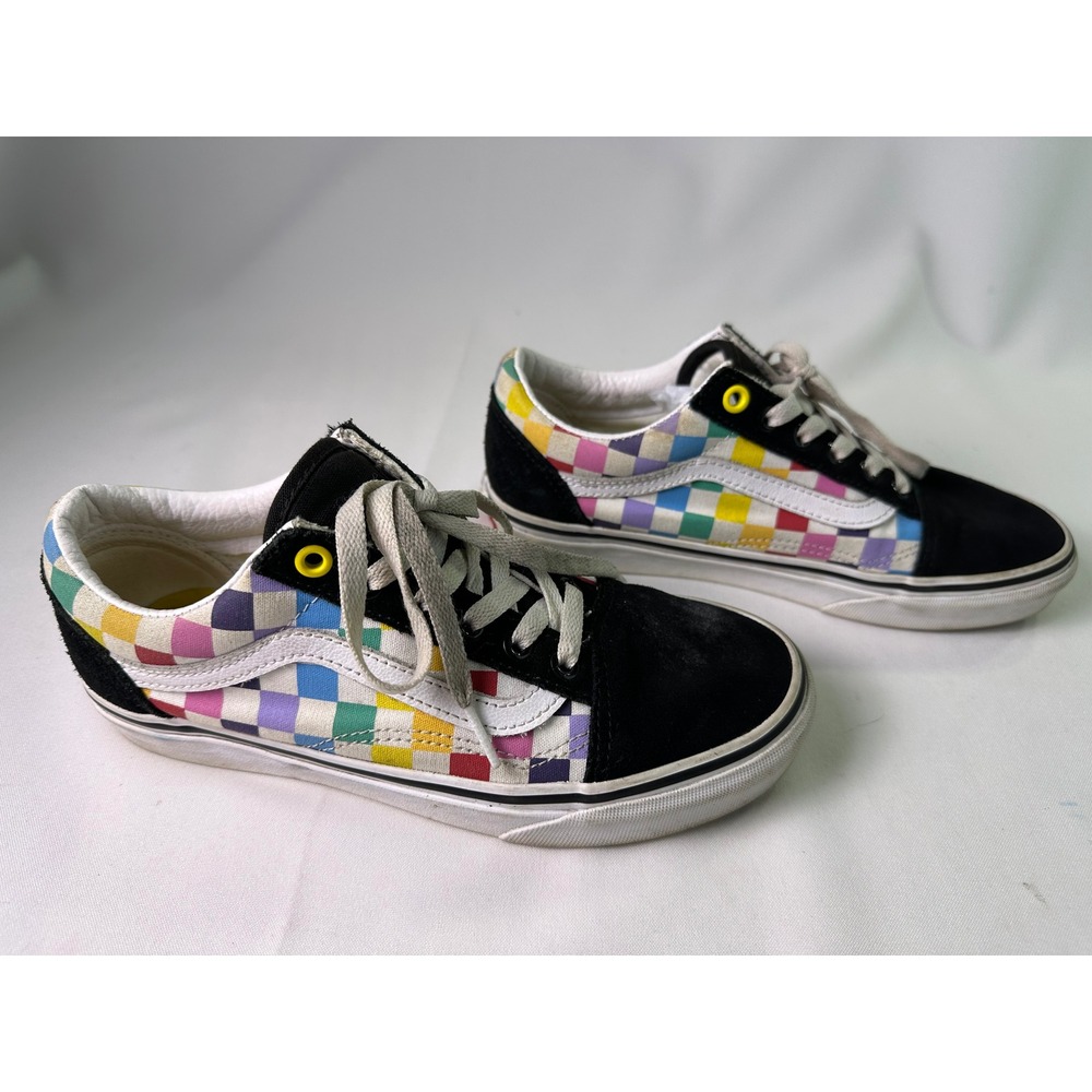 Vans Old Skool Rainbow Checkerboard Skate Shoes Black Suede Men 5.5 Women 7